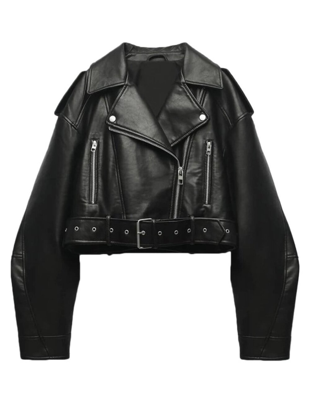 Black Casual Women's Zipper Pocket Belted Pointed Collar Long Sleeve Jacket